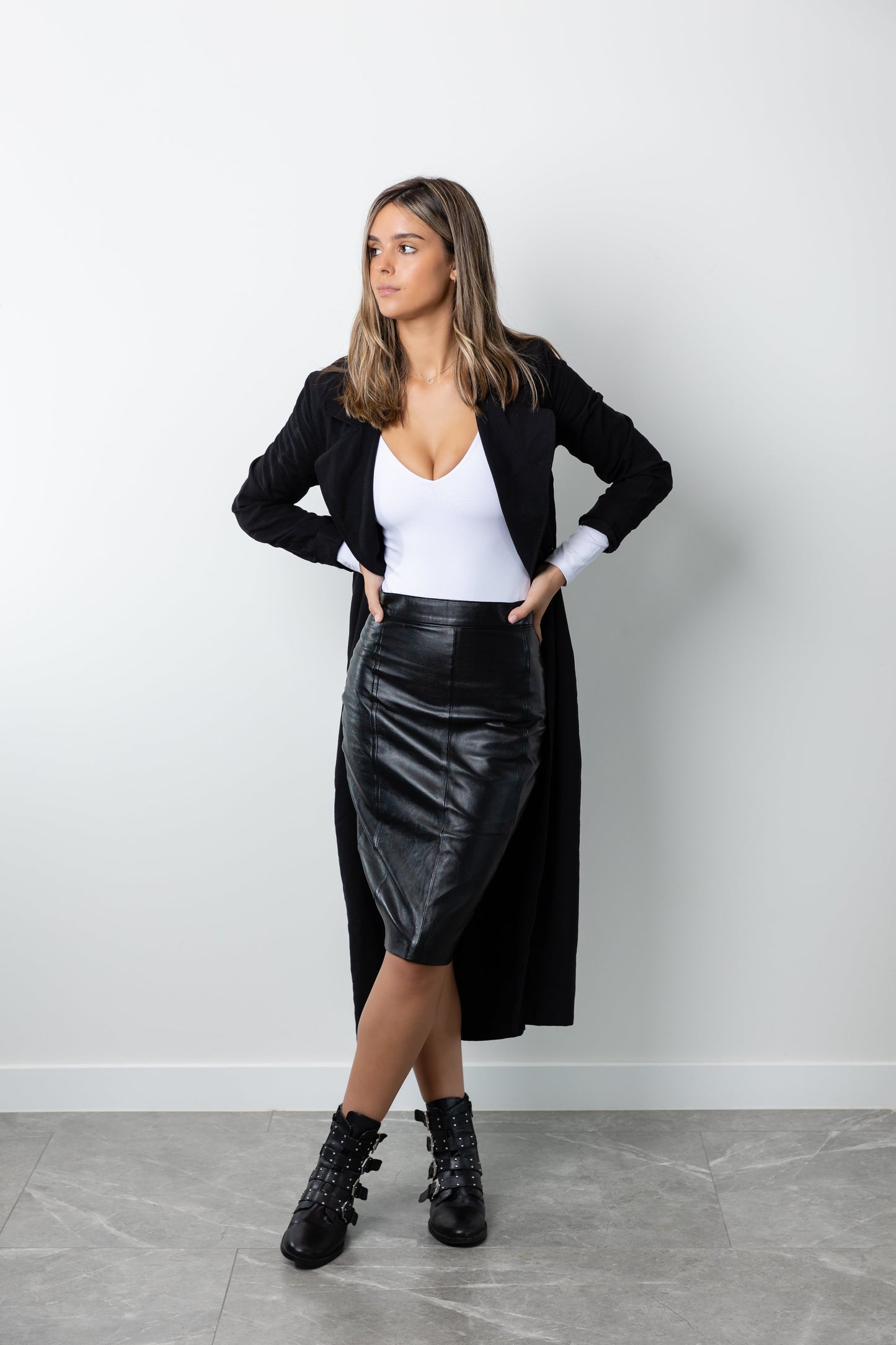 ROME LEATHER HIGH WAISTED KNEE LENGTH SKIRT